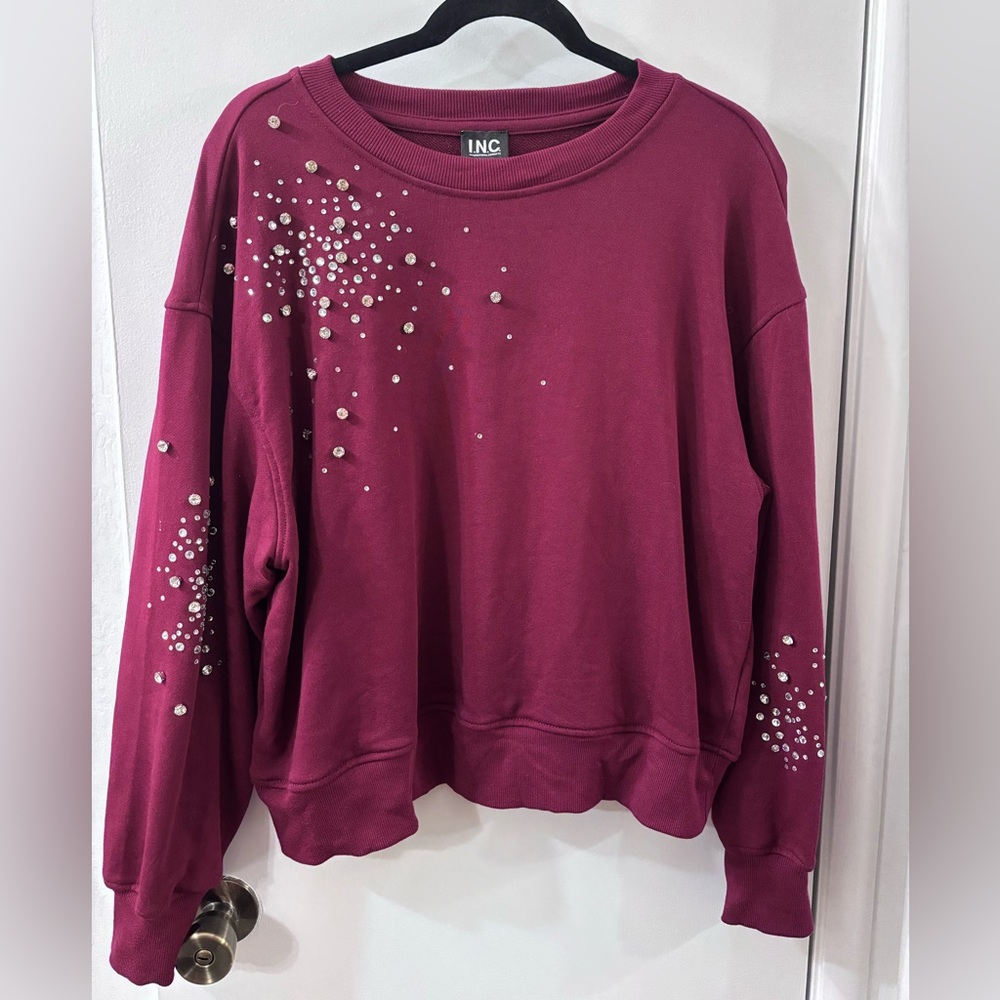 INC Macy’s Maroon Sparkly Embellished Track Crew Sweatshirt Woman’s size L